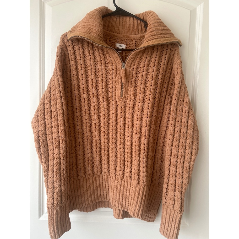 Aerie Womens Tan Chenille Cable Knit Quarter Zip Sweater XS Relaxed Fit